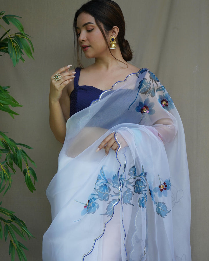 Spanish White With Blue Soft Pure Organza Handwork With Digital Print Saree - PAHRAVA