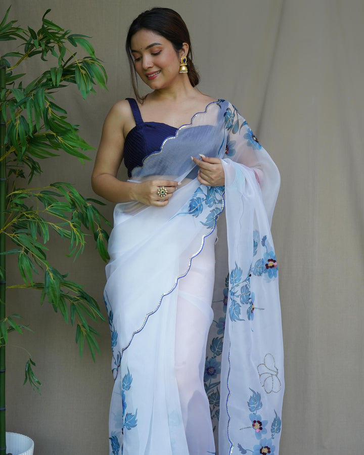 Spanish White With Blue Soft Pure Organza Handwork With Digital Print Saree - PAHRAVA