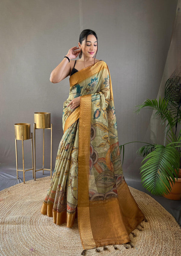 Greenish Grey Hand-painted Kalamkari Tussar Silk Saree - PAHRAVA