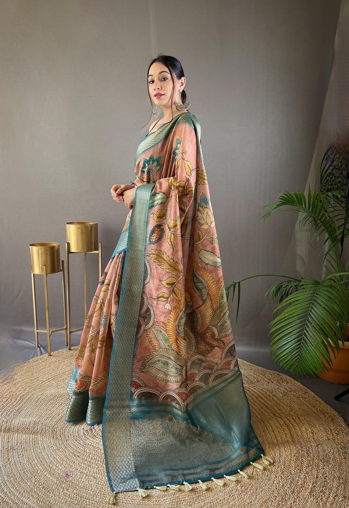 Greenish Peach Hand-painted Kalamkari Tussar Silk Saree - PAHRAVA