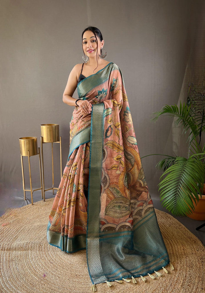 Greenish Peach Hand-painted Kalamkari Tussar Silk Saree - PAHRAVA