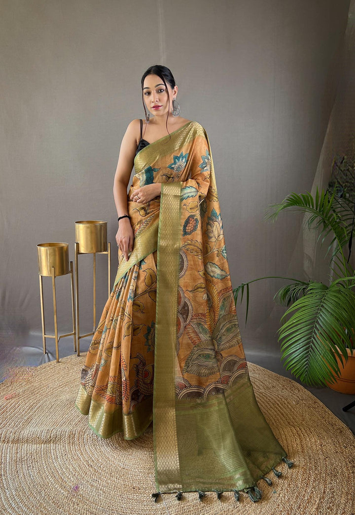 Dusk Orange Hand-painted Kalamkari Tussar Silk Saree - PAHRAVA