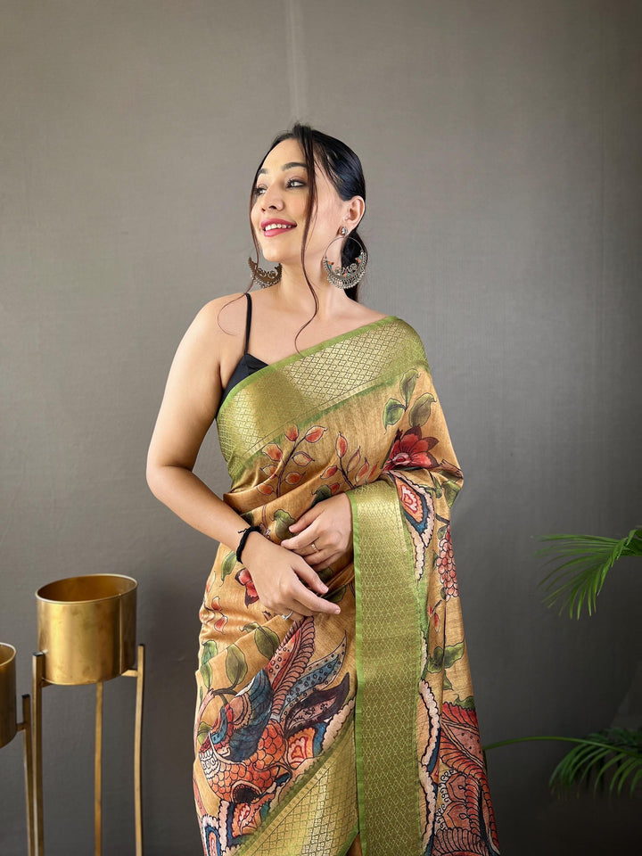 Gold With Green Border Hand-painted Kalamkari Tussar Silk Saree - PAHRAVA