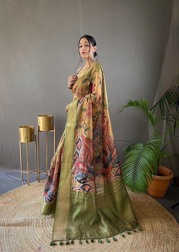 Gold With Green Border Hand-painted Kalamkari Tussar Silk Saree - PAHRAVA