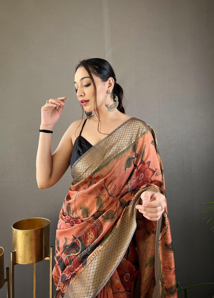 Peach With Grey Border Hand-painted Kalamkari Tussar Silk Saree - PAHRAVA