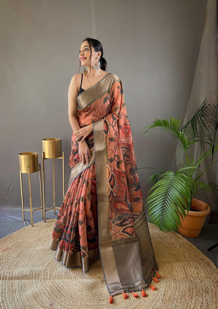 Peach With Grey Border Hand-painted Kalamkari Tussar Silk Saree - PAHRAVA