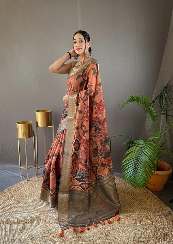 Peach With Grey Border Hand-painted Kalamkari Tussar Silk Saree - PAHRAVA