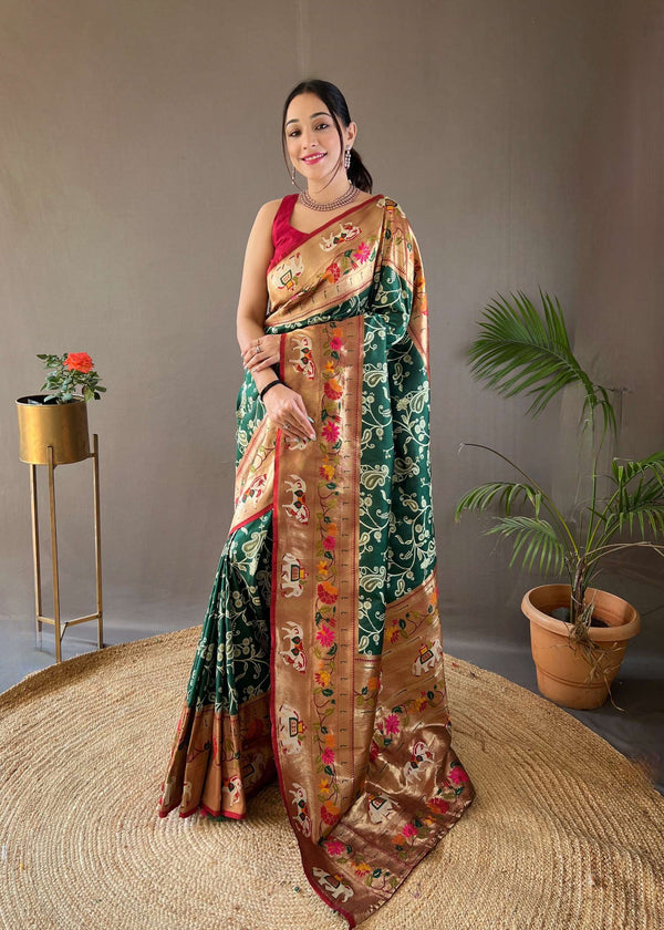 Leafy Green Paithani And Patola Silk Saree - PAHRAVA