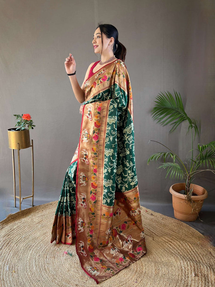 Leafy Green Paithani And Patola Silk Saree - PAHRAVA