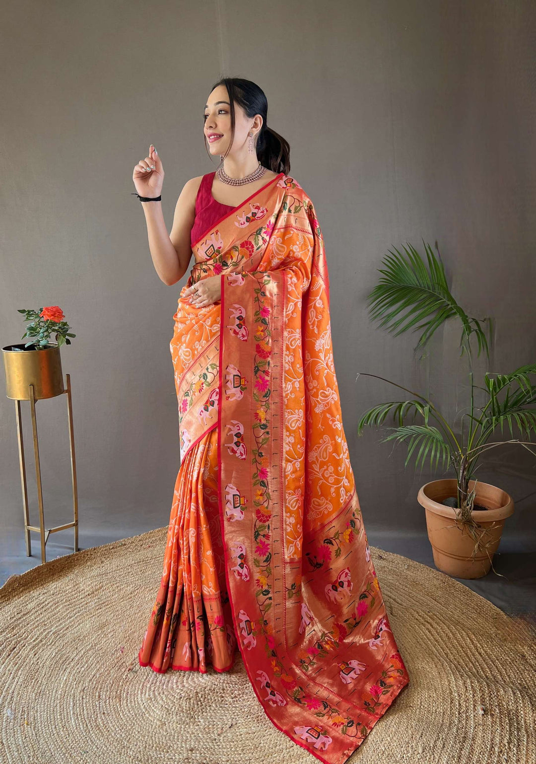 Mango Orange Paithani And Patola Silk Saree - PAHRAVA