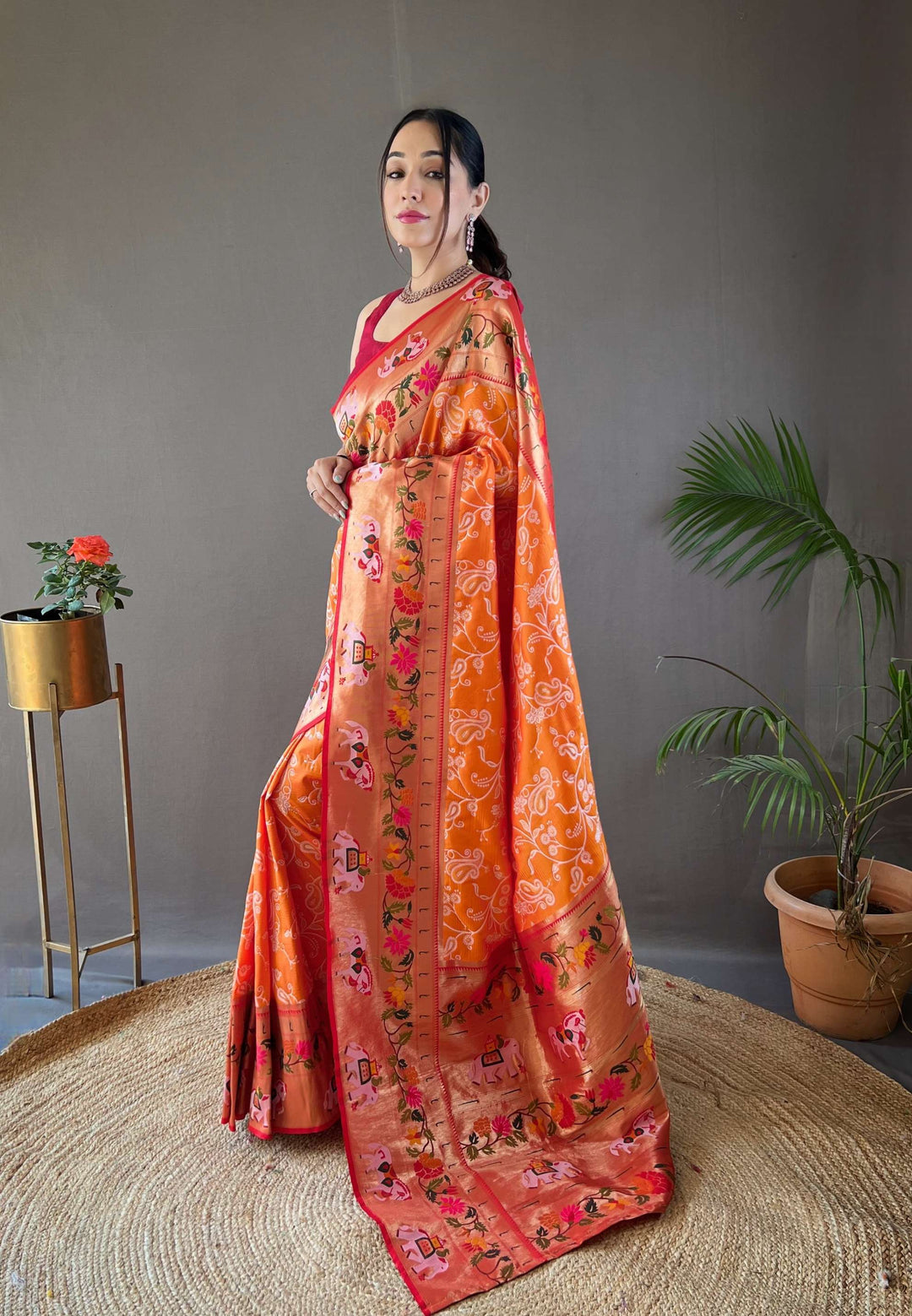 Mango Orange Paithani And Patola Silk Saree - PAHRAVA