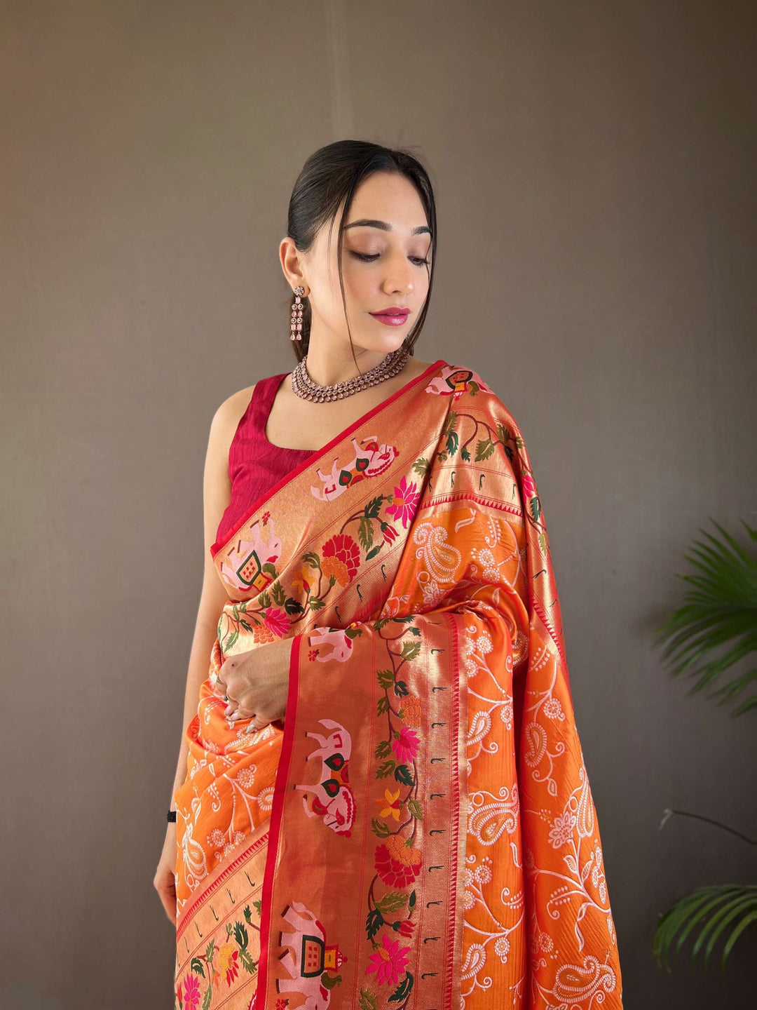 Mango Orange Paithani And Patola Silk Saree - PAHRAVA