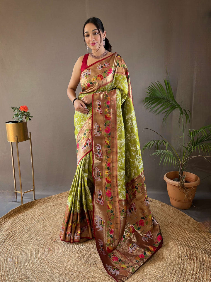 Mahendi Green Paithani And Patola Silk Saree - PAHRAVA