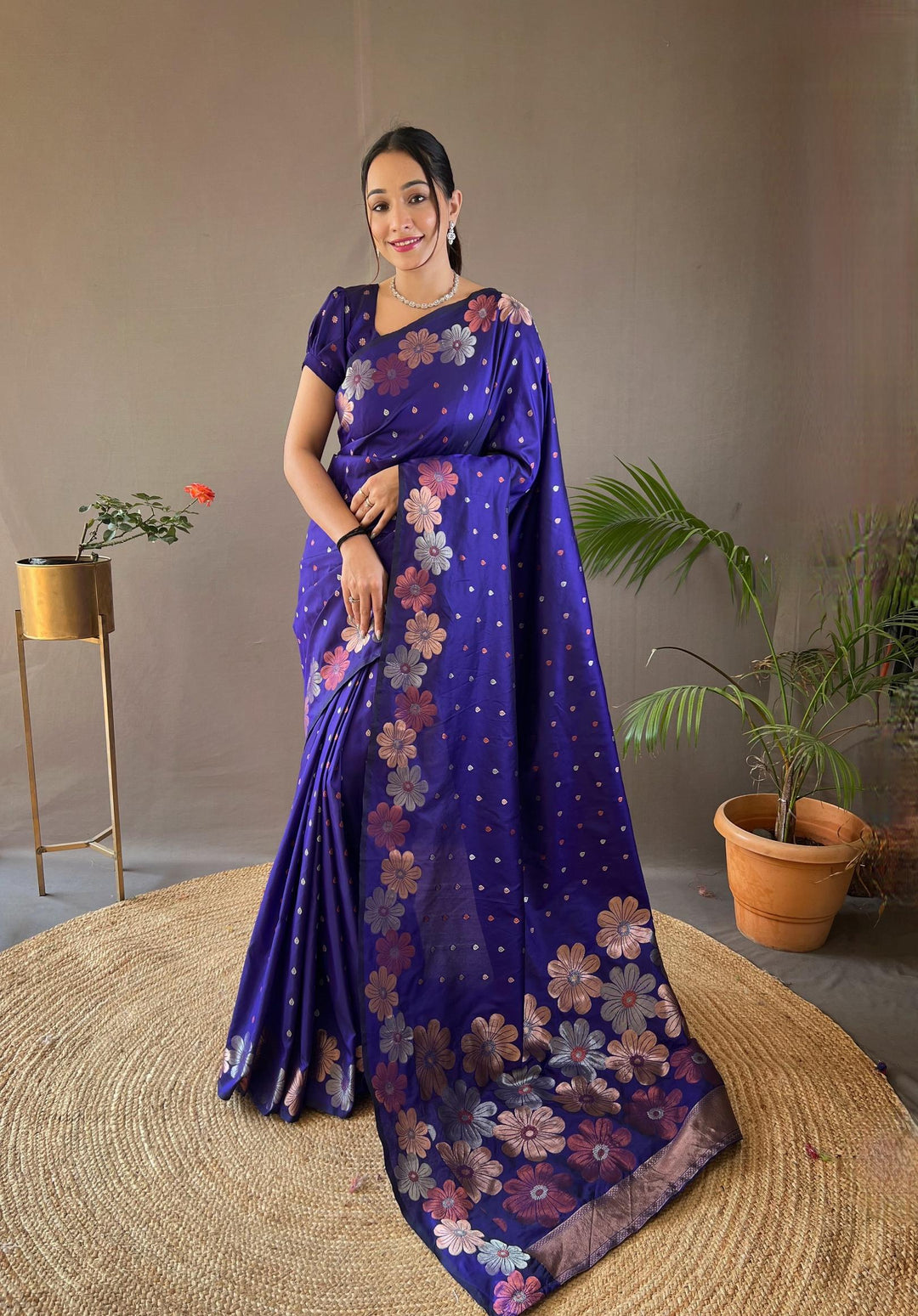 Rich blue soft silk saree with gold and copper weaving - PAHRAVA