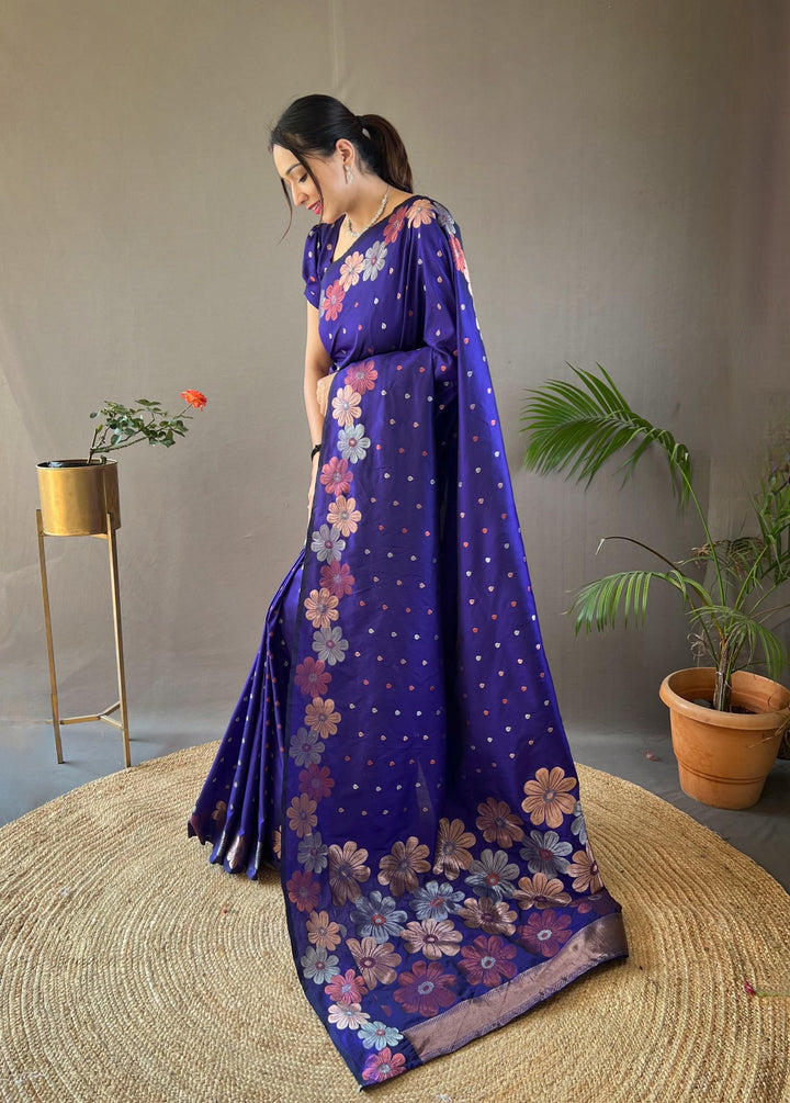 Rich blue soft silk saree with gold and copper weaving - PAHRAVA