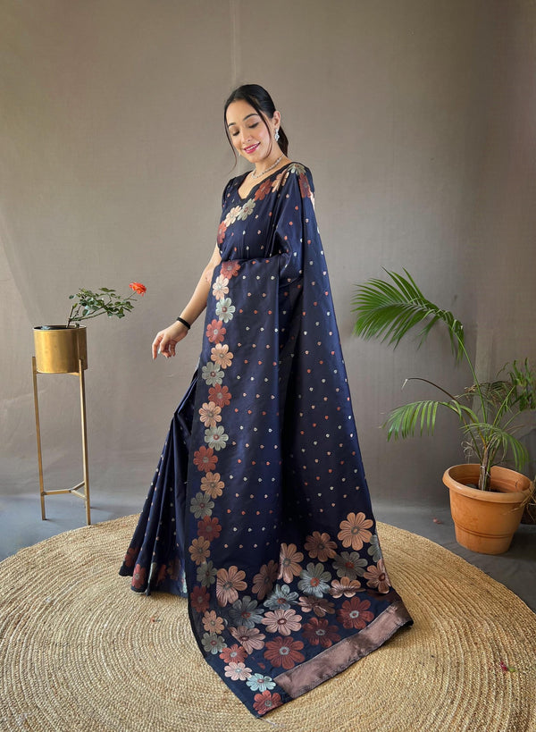 Indigo blue soft silk saree with gold and copper weaving - PAHRAVA