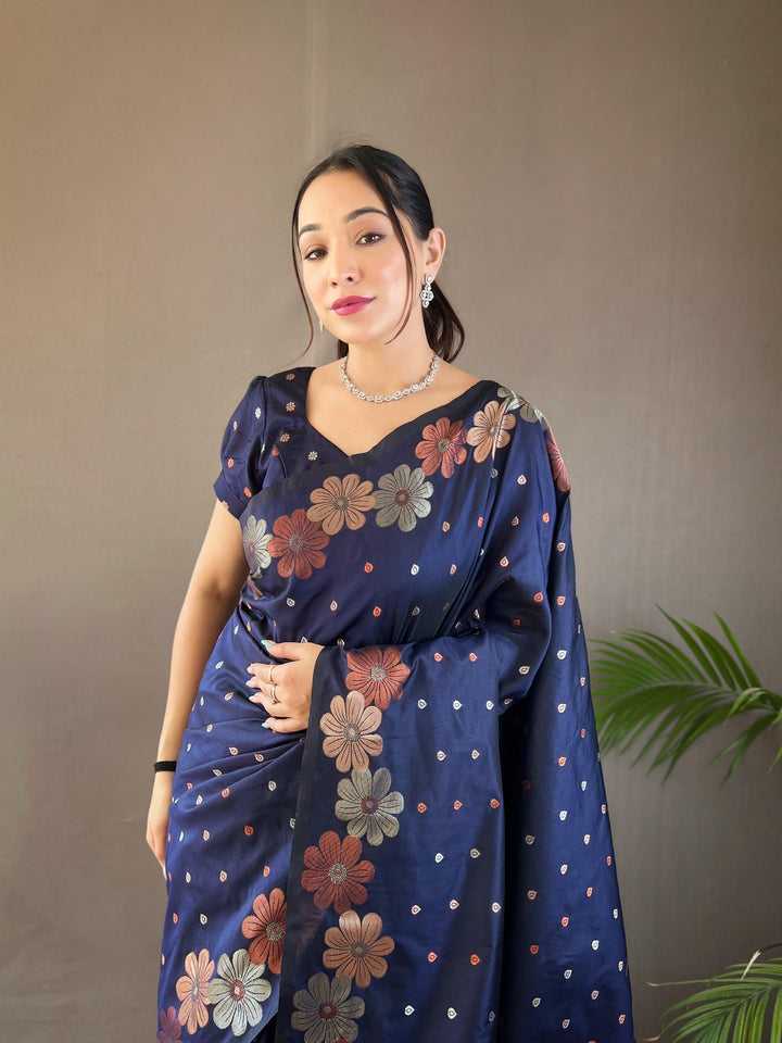 Indigo blue soft silk saree with gold and copper weaving - PAHRAVA