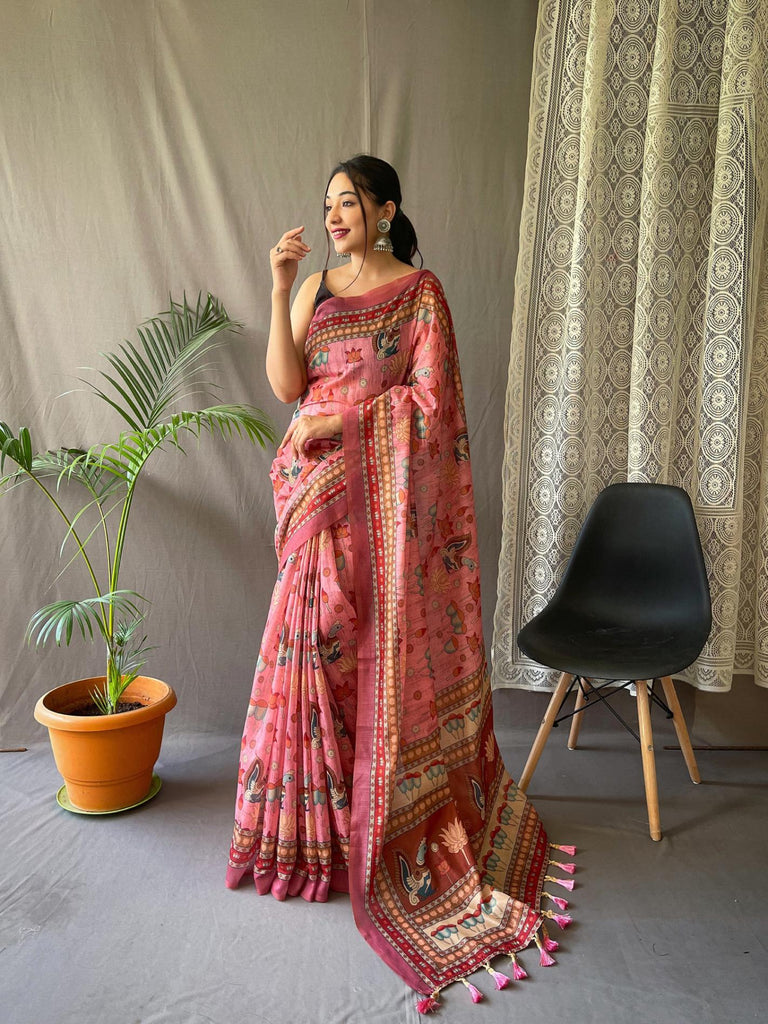 Rosy Pink Kalamkari Printed Malai Cotton Saree - PAHRAVA