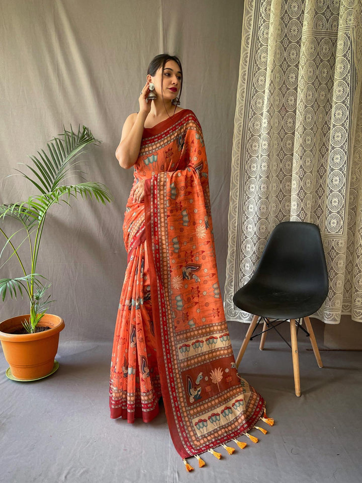 Bright Orange Kalamkari Printed Malai Cotton Saree - PAHRAVA