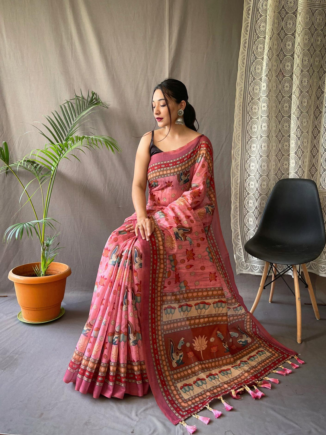 Rosy Pink Kalamkari Printed Malai Cotton Saree - PAHRAVA