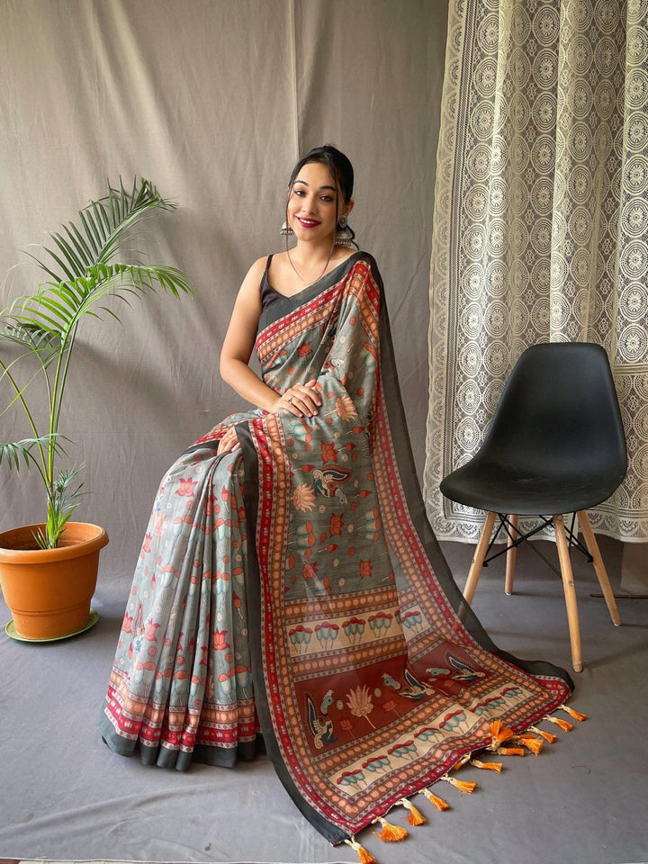 Dark Grey Kalamkari Printed Malai Cotton Saree - PAHRAVA