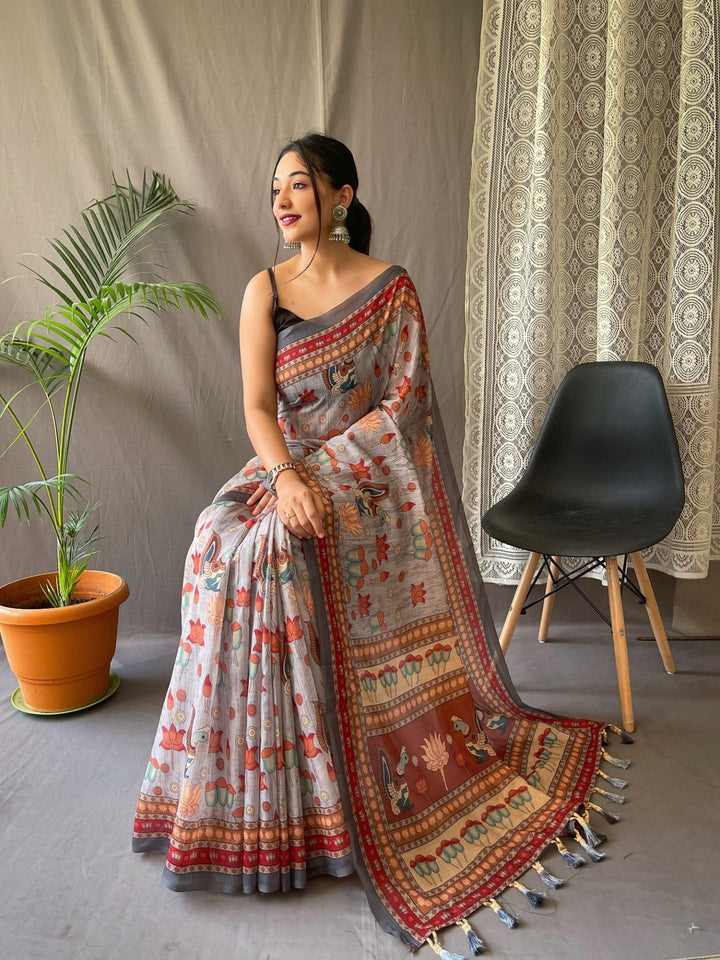 Sliver Grey Kalamkari Printed Malai Cotton Saree - PAHRAVA