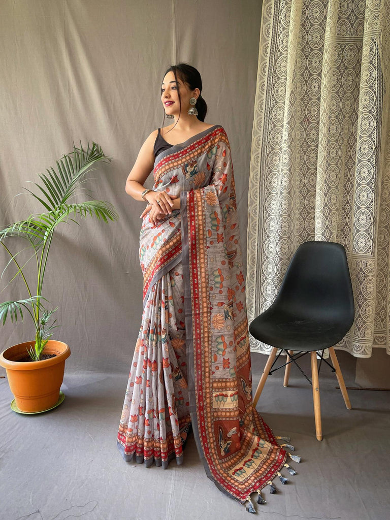 Sliver Grey Kalamkari Printed Malai Cotton Saree - PAHRAVA