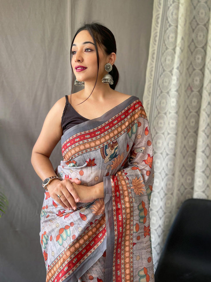 Sliver Grey Kalamkari Printed Malai Cotton Saree - PAHRAVA