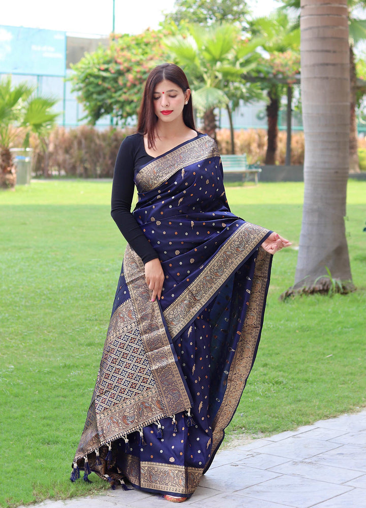 Dark Blue Pure Soft Silk Saree with Triple Zari Weaving - PAHRAVA