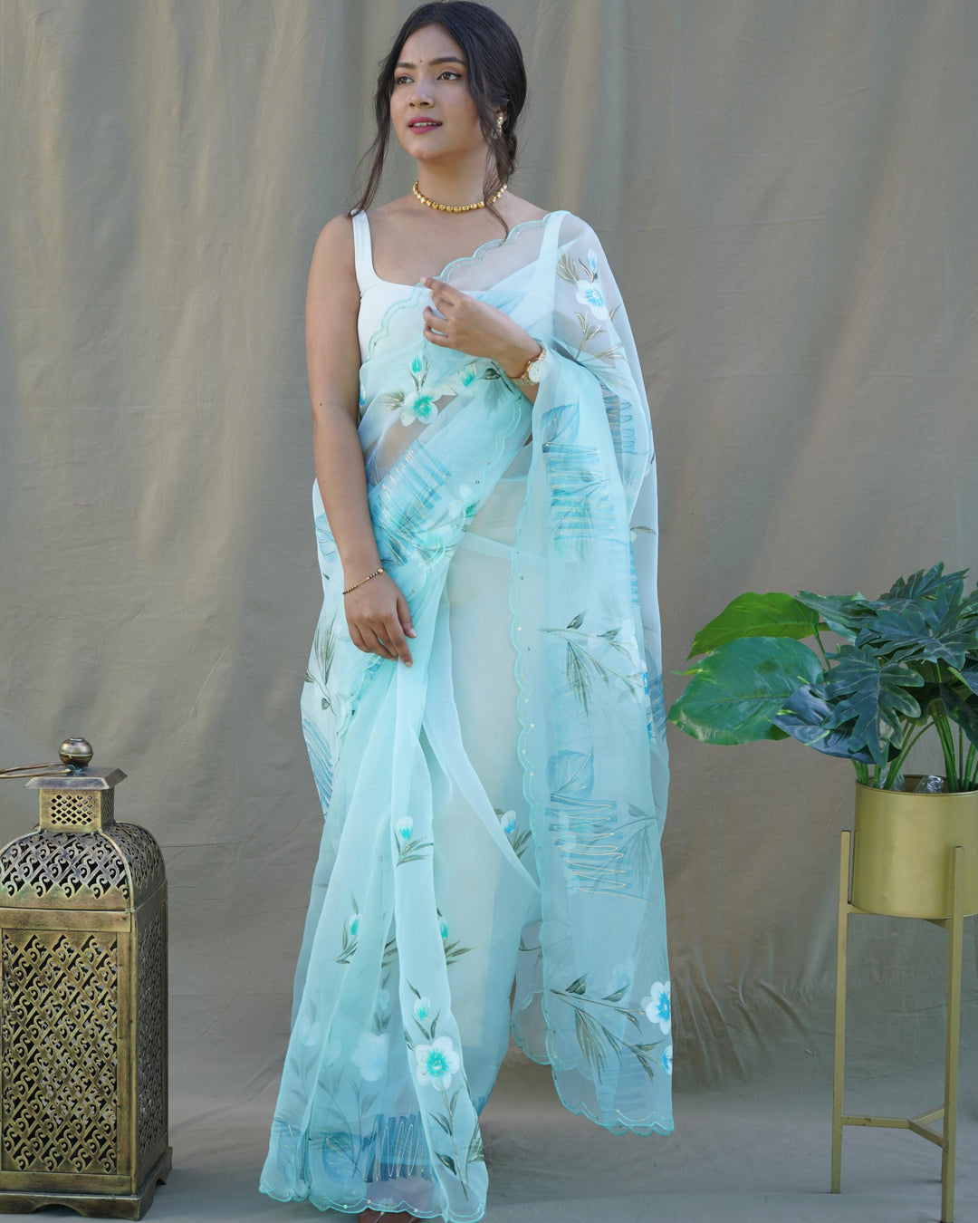 Sky Blue Organza Silk With Hand Printed Saree - PAHRAVA