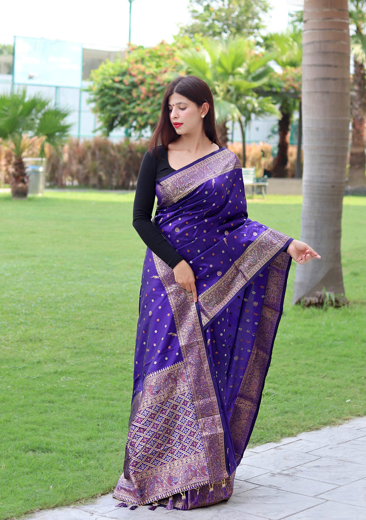 Ink Blue Pure Soft Silk Saree with Triple Zari Weaving - PAHRAVA