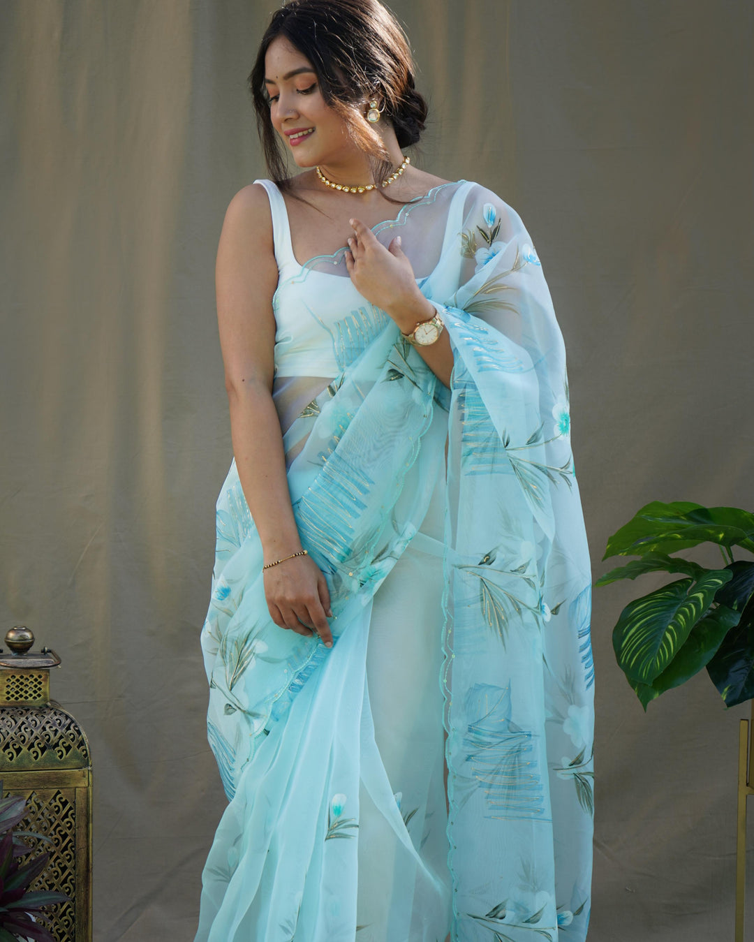 Sky Blue Organza Silk With Hand Printed Saree - PAHRAVA