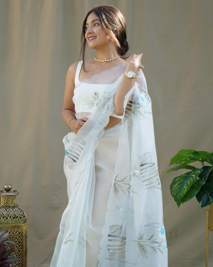 Pearl White Organza Silk With Hand Printed Saree - PAHRAVA