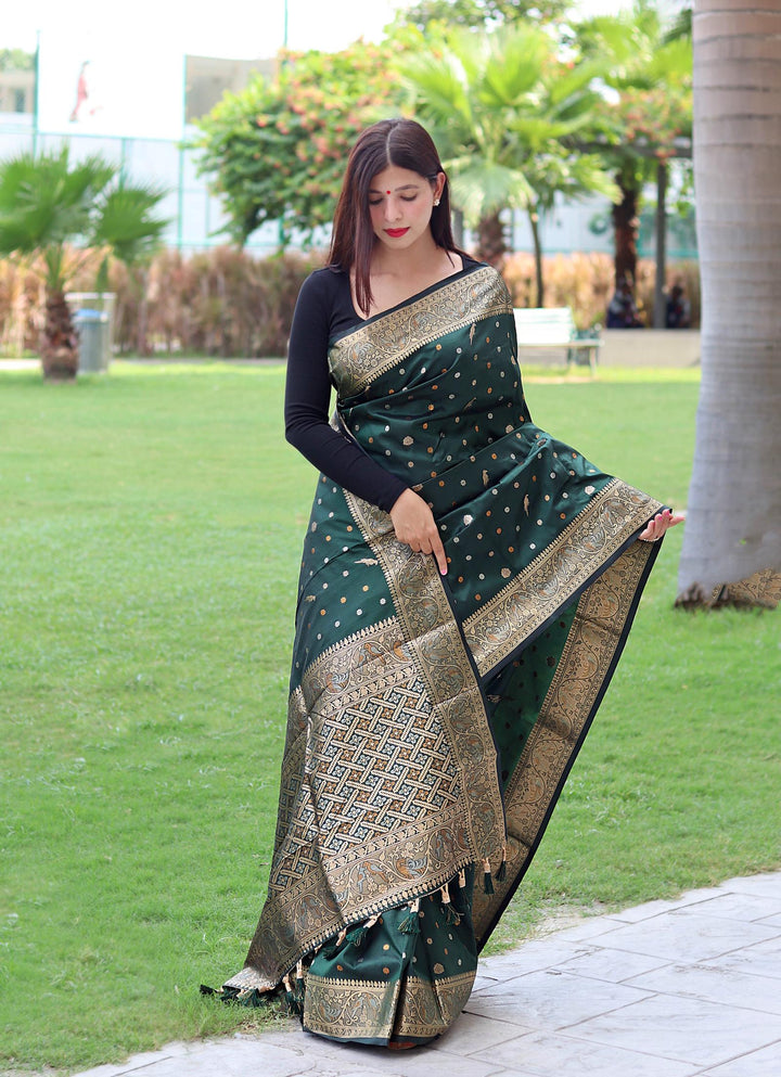 Antique Green Pure Soft Silk Saree with Triple Zari Weaving - PAHRAVA