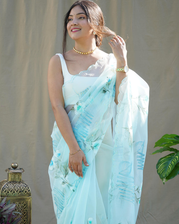 Sky Blue Organza Silk With Hand Printed Saree - PAHRAVA