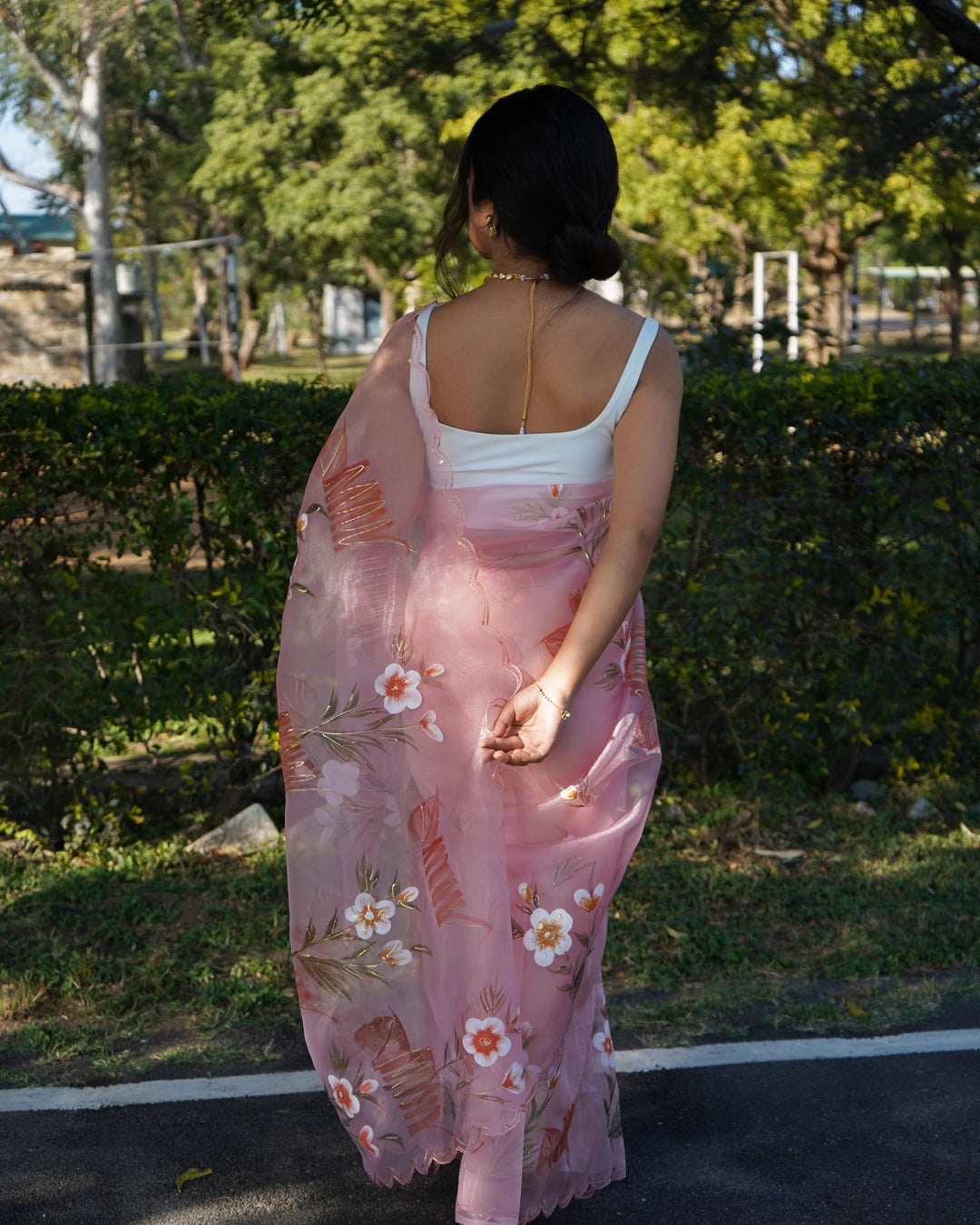 Baby Pink Organza Silk With Hand Printed Saree - PAHRAVA