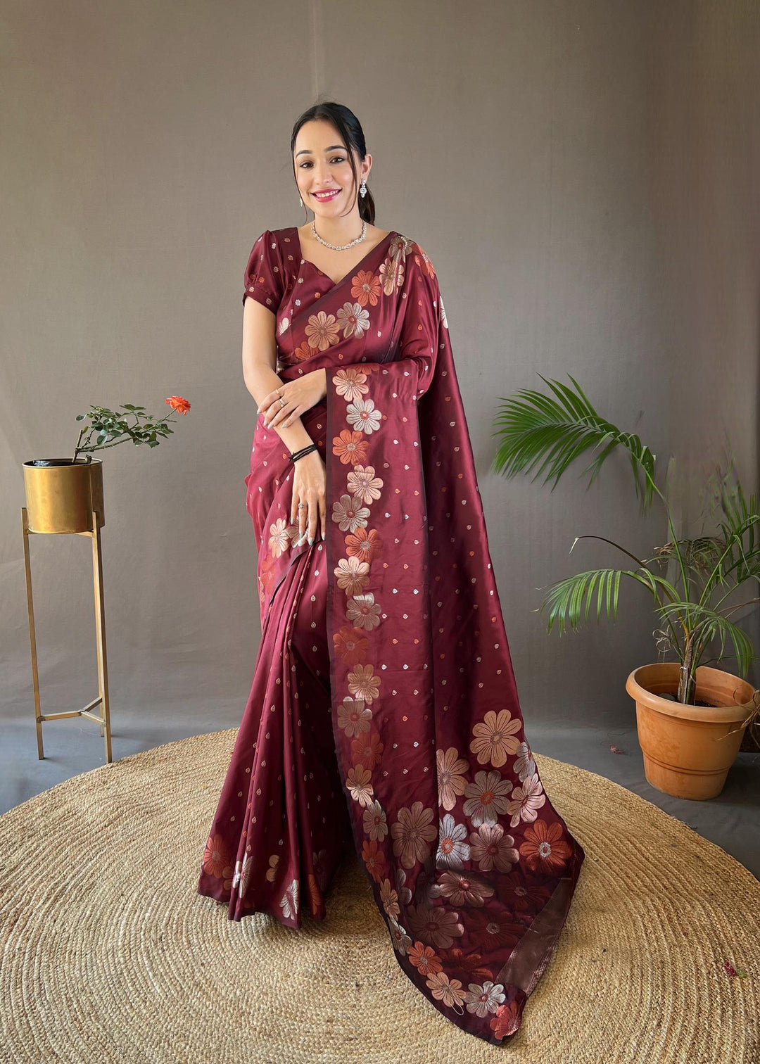 Maroon soft silk saree with gold and copper weaving - PAHRAVA