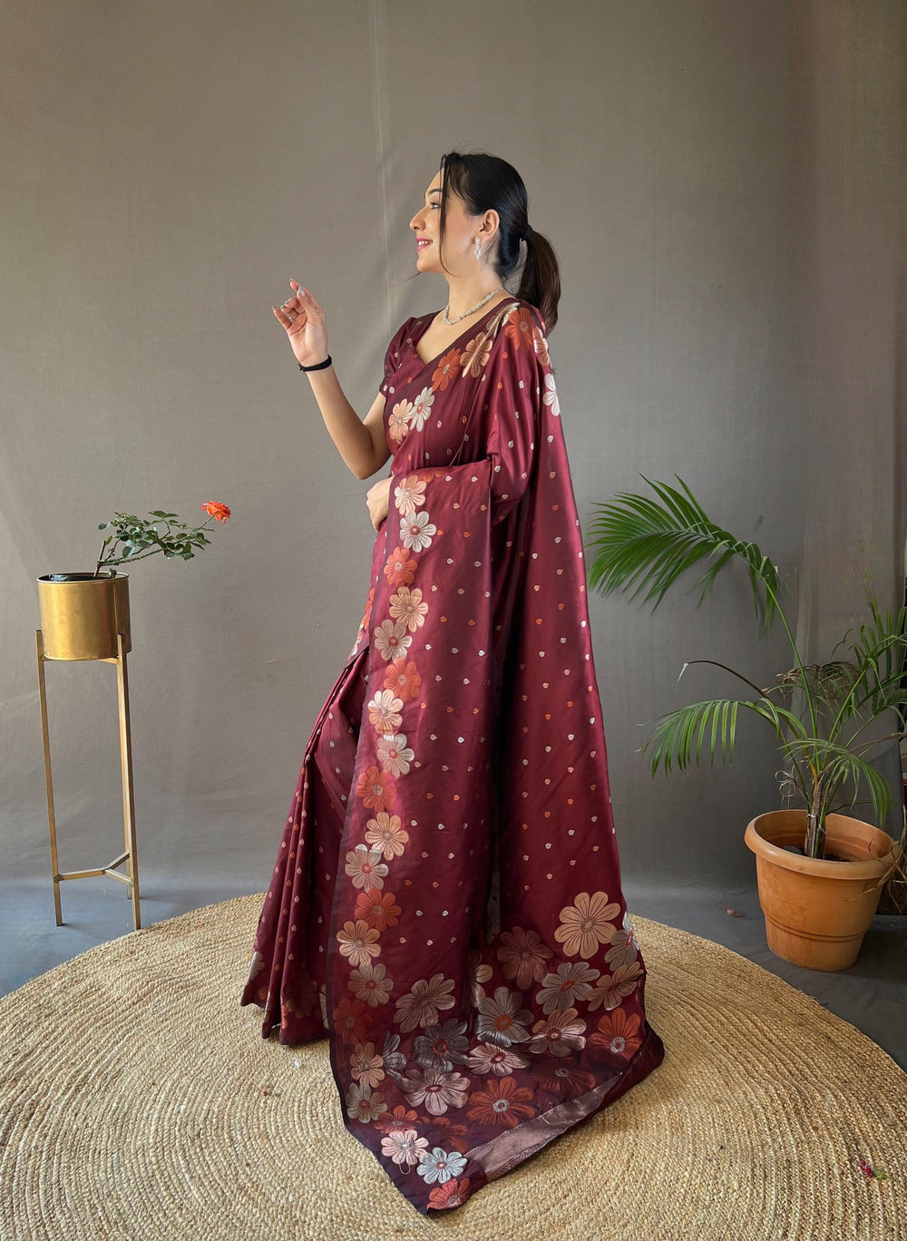 Maroon soft silk saree with gold and copper weaving - PAHRAVA