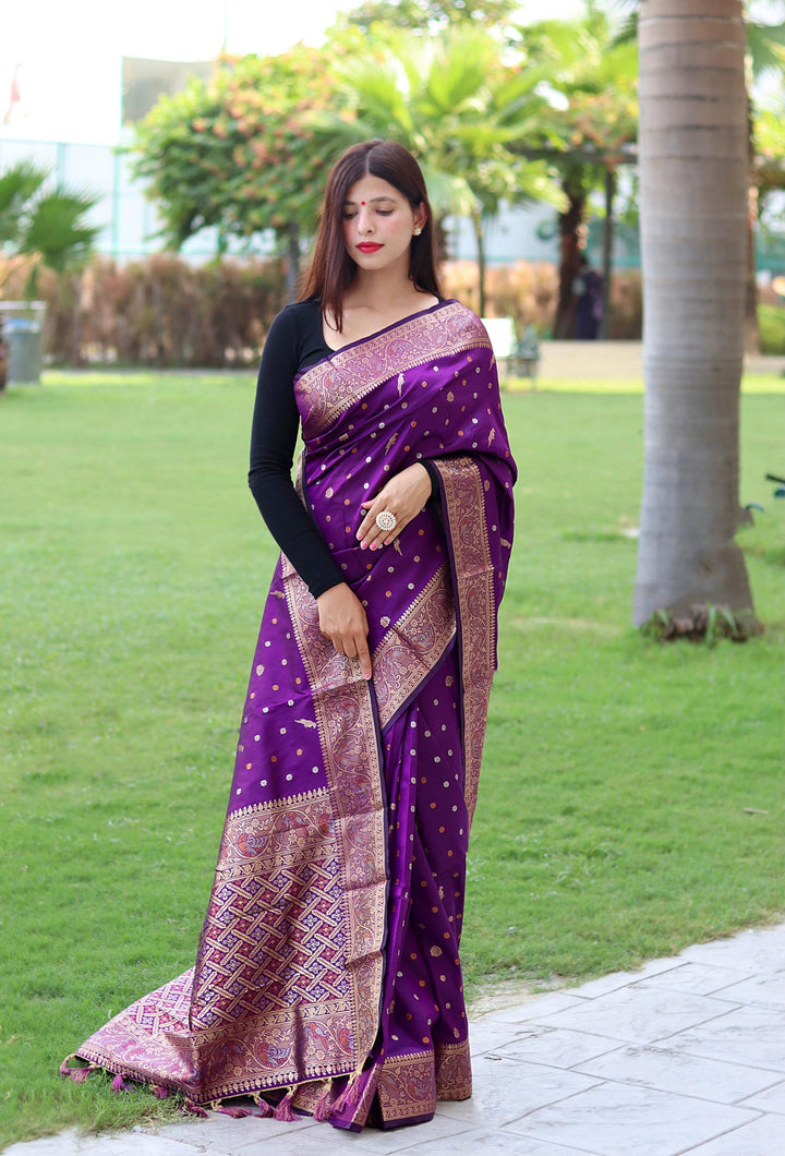 Deep Purple Pure Soft Silk Saree with Triple Zari Weaving - PAHRAVA