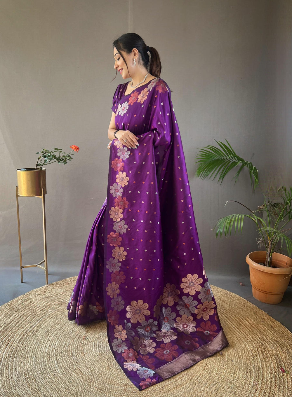 Deep purple soft silk saree with gold and copper weaving - PAHRAVA