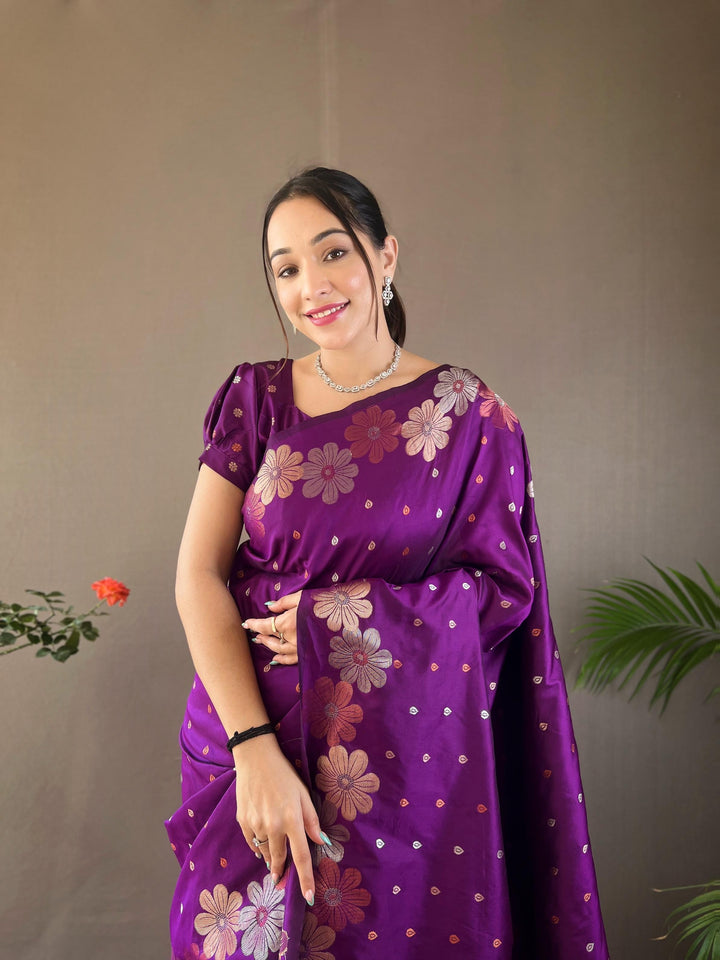 Deep purple soft silk saree with gold and copper weaving - PAHRAVA