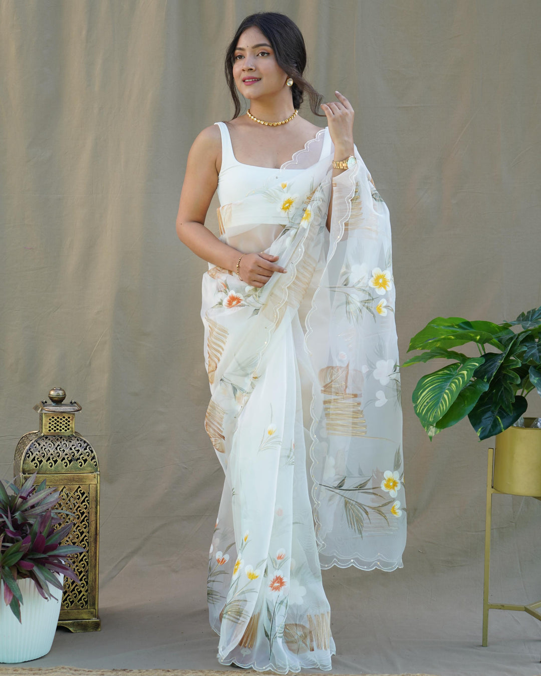 Spanish White Organza Silk With Hand Printed Saree - PAHRAVA