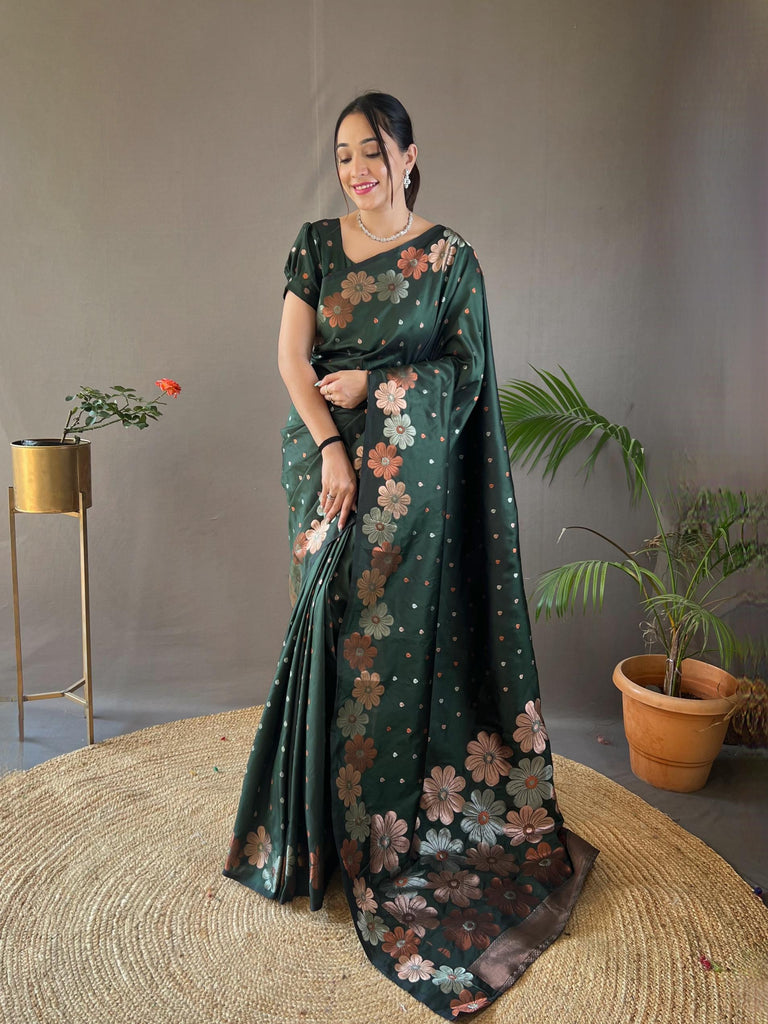 Antique green soft silk saree with gold and copper weaving - PAHRAVA