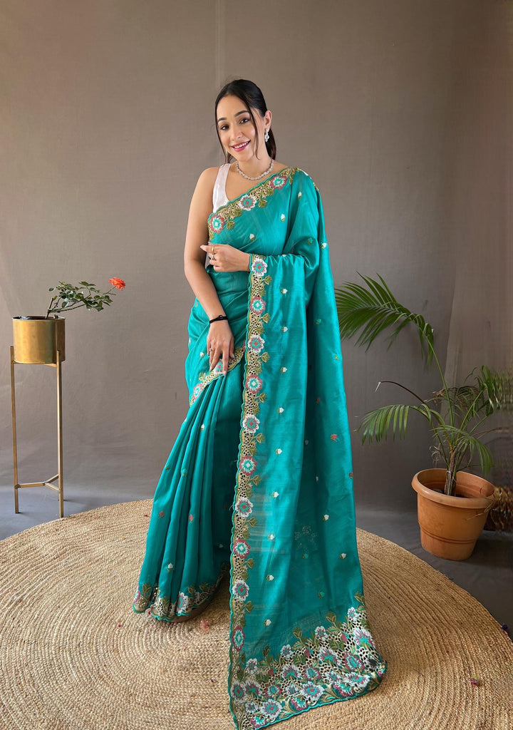 Sea Blue Pure Tussar Silk Saree - PAHRAVA