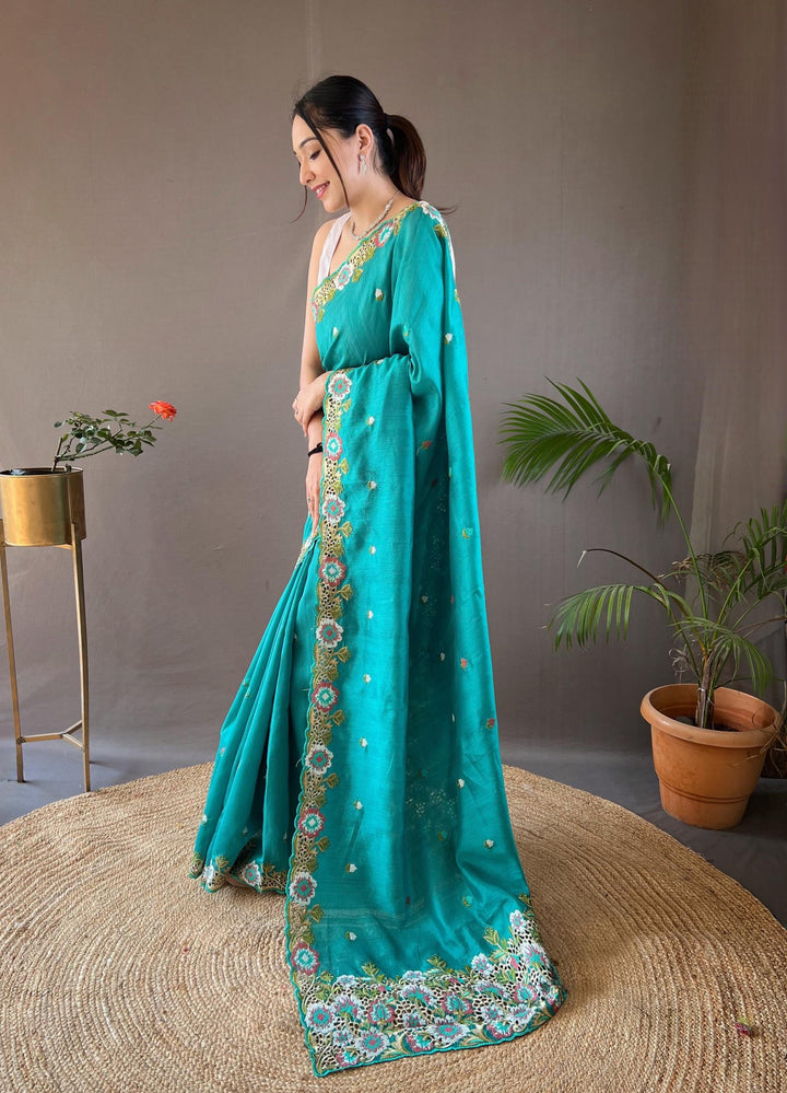 Sea Blue Pure Tussar Silk Saree - PAHRAVA