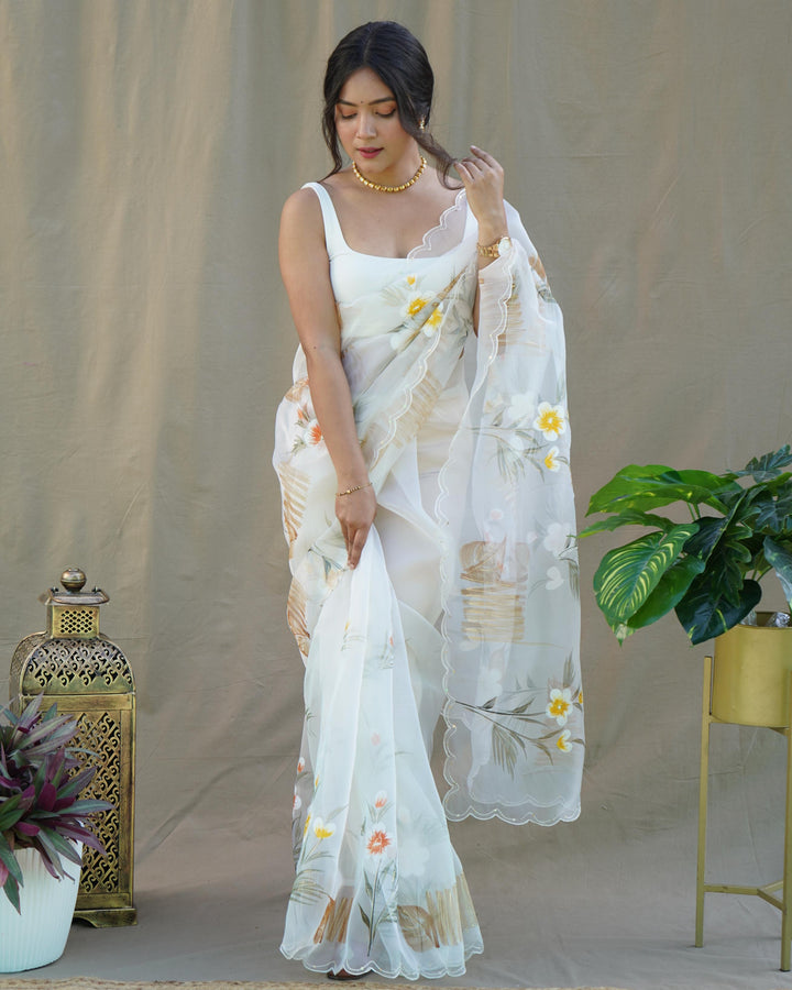 Spanish White Organza Silk With Hand Printed Saree - PAHRAVA