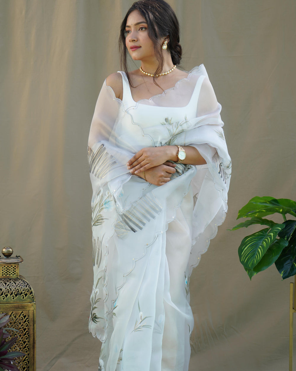 Pearl White Organza Silk With Hand Printed Saree - PAHRAVA