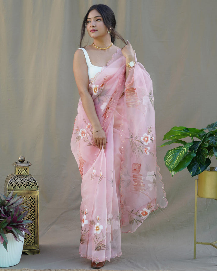 Baby Pink Organza Silk With Hand Printed Saree - PAHRAVA