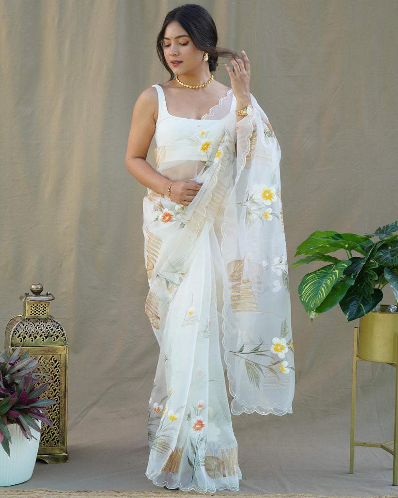 Spanish White Organza Silk With Hand Printed Saree - PAHRAVA