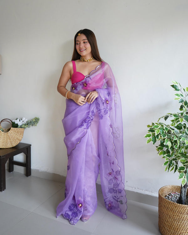 Light Lavender Soft Pure Organza Handwork With Digital Print Saree - PAHRAVA